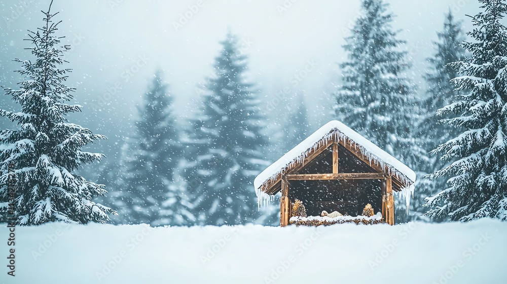 A serene winter scene featuring a cozy cabin surrounded by snow-covered trees in a foggy landscape. A serene winter scene featuring a cozy cabin surrounded by snow-covered trees in a foggy landscape.