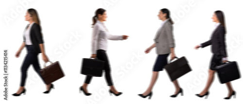 set of Motion Blur of walking Businesswomen Silhouettes with a Suitcase Isolated on Transparent Background PNG for Photo Scenes	
