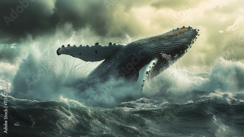 Humpback whale breaching in stormy ocean waves. photo