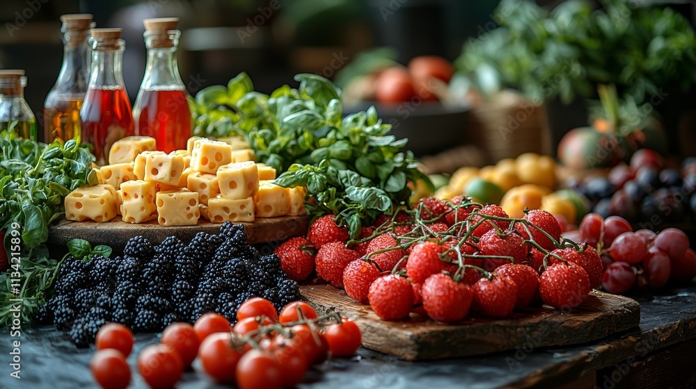 Rustic market display of fresh vegetables and herbs Rustic market display of fresh vegetables and herbs