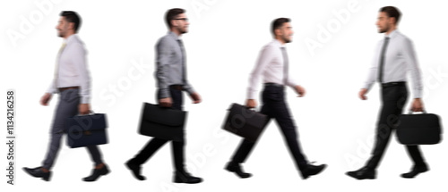 set of Motion Blur of walking Businessman Silhouettes with a Suitcase Isolated on Transparent Background PNG for Photo Scenes	
