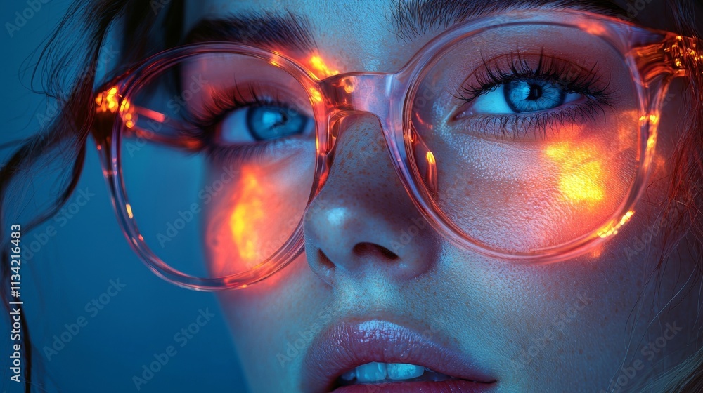 Woman wearing illuminated pink glasses with glowing bokeh Woman wearing illuminated pink glasses with glowing bokeh