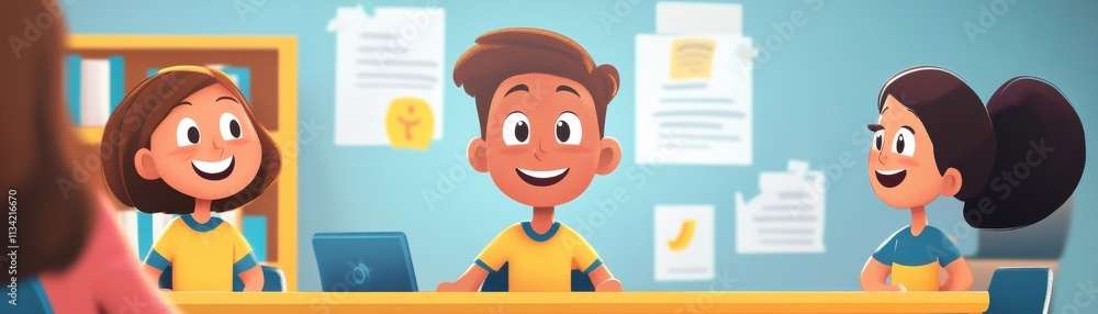 Three cheerful children sit at a table in a classroom, engaged in a conversation with bright colors and a positive atmosphere. Three cheerful children sit at a table in a classroom, engaged in a conversation with bright colors and a positive atmosphere.