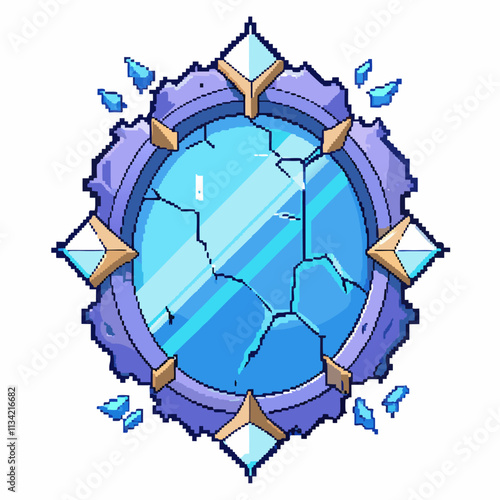 Pixel Art Broken Magic Mirror with Cracks and Floating Shards