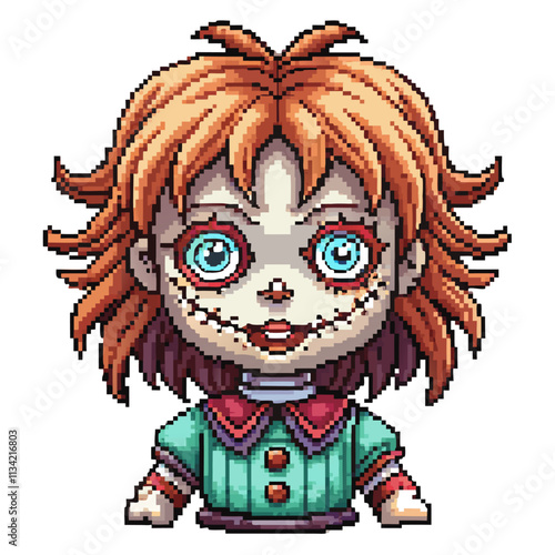 Pixel Art Creepy Doll with Messy Red Hair and Large Blue Eyes Illustration