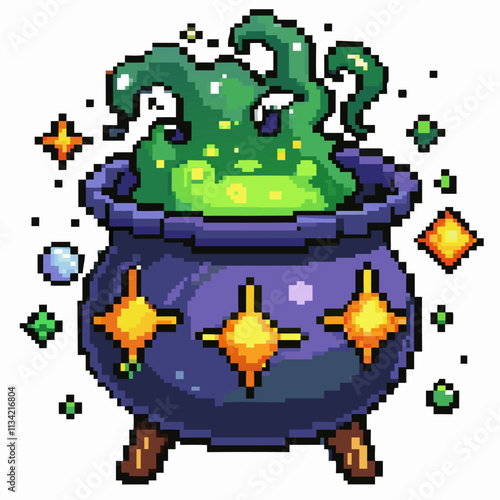 Pixel Art Magical Cauldron with Green Potion and Sparkling Stars