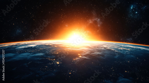 A stunning view of Earth's horizon illuminated by a vibrant sunrise, set against the backdrop of a star-filled universe.