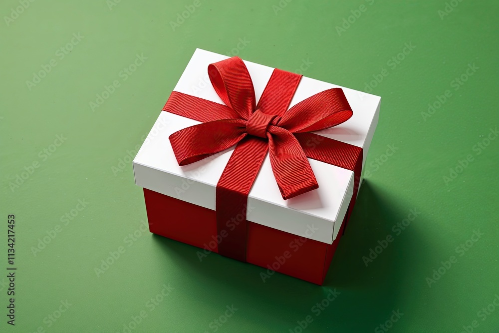 Three Dimensional Holiday Gift Box with Red Ribbon on Vibrant Green Background Ideal for Customization and Festive Celebrations Three Dimensional Holiday Gift Box with Red Ribbon on Vibrant Green Background Ideal for Customization and Festive Celebrations