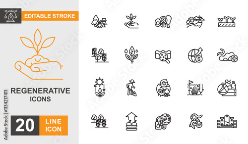 Regenerative line editable icon set. Ecosystem, nature, organic, recycling and more line icons.