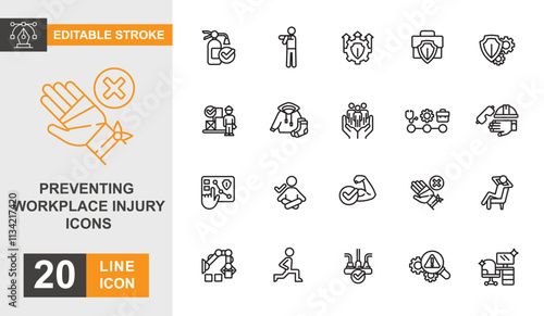 Preventing workplace injury line editable icon set. Workplace safety. hazard warning, risk management, safety equipment and more line icons.