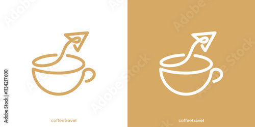 Simple Coffee Travel Logo. Coffee Cup Mug and Airplane Icon Graphic. Coffee Shop Logo Design Template.