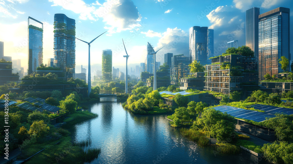 Naklejka premium A vibrant, futuristic cityscape with lush greenery, wind turbines, and solar panels, reflecting a harmonious blend of nature and technology.
