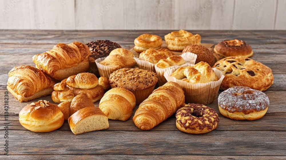 Assorted baked goods display on rustic wooden table. Various pastries, muffins, croissants, donuts, and breads are arranged together. Assorted baked goods display on rustic wooden table. Various pastries, muffins, croissants, donuts, and breads are arranged together.