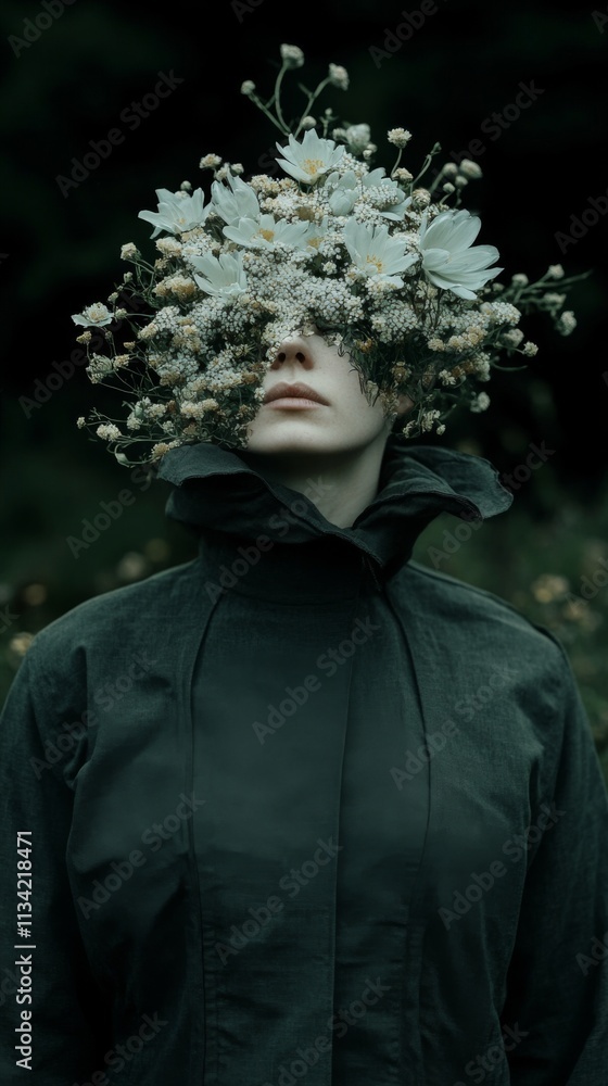 Artistic portrait of a person with blooming flowers on their head Artistic portrait of a person with blooming flowers on their head