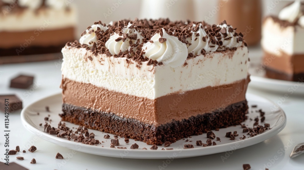 Delicious slice of chocolate cream cake on a white plate Delicious slice of chocolate cream cake on a white plate