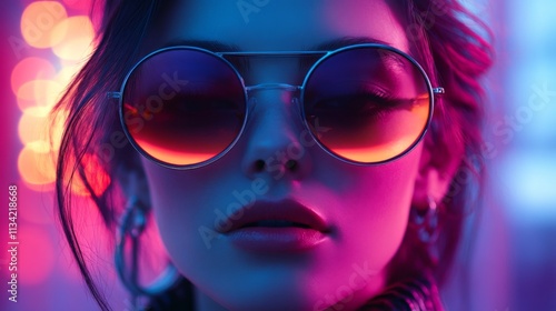 Fashionable model wearing bold sunglasses with a neon pink background