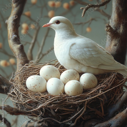 A white bird sitting on a nest with speckled eggs among branches.