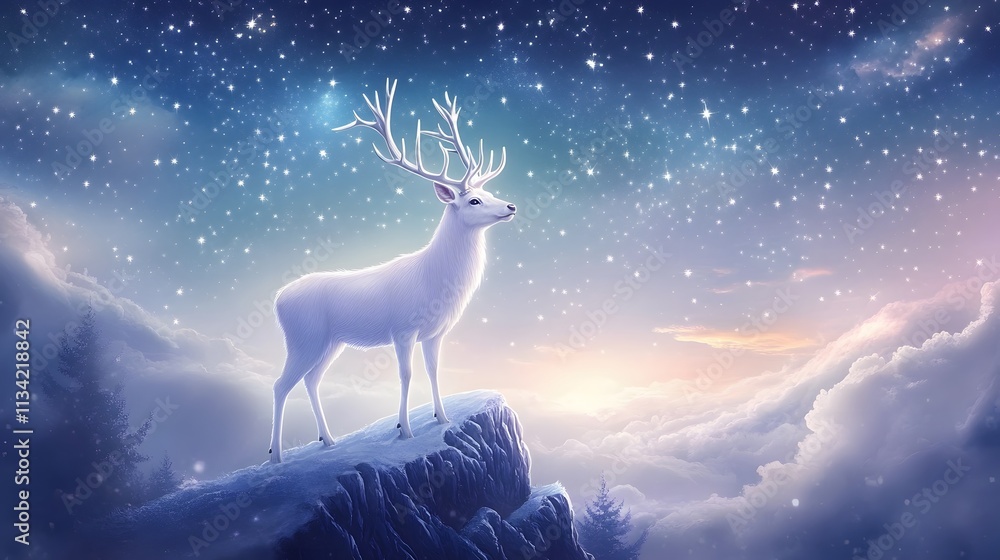 A majestic white deer with perfect antlers, on the mountain and the view of the stars in the beautiful sky