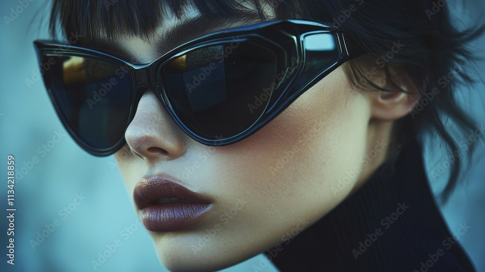 Stylish woman in oversized sunglasses looking upward Stylish woman in oversized sunglasses looking upward