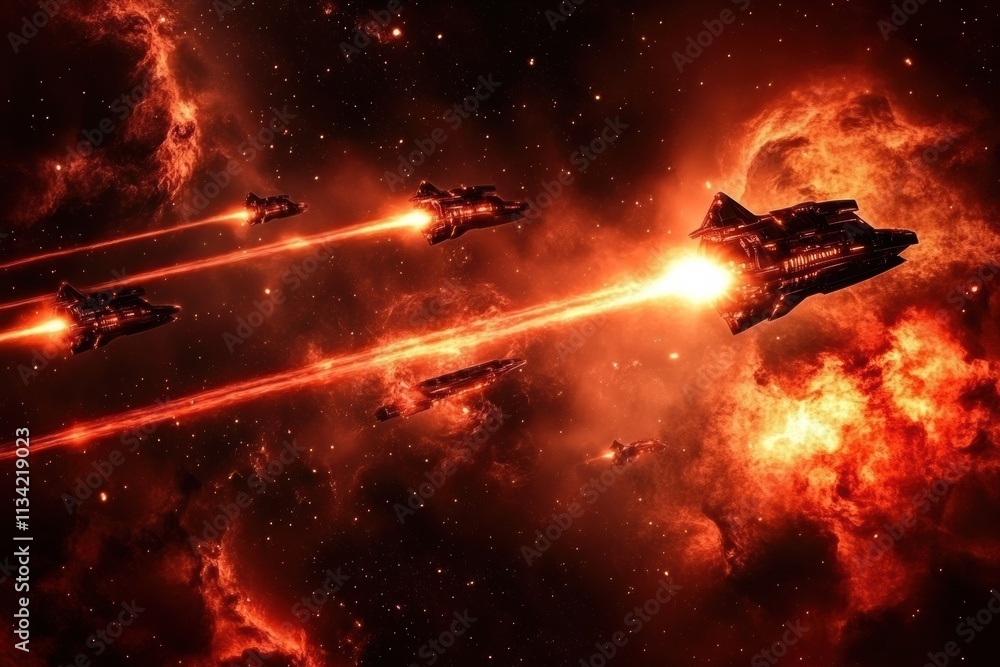 A colossal space battle between fleets of advanced starships firing glowing laser beams, with massive explosions lighting up the void of space. Epic sci-fi warfare A colossal space battle between fleets of advanced starships firing glowing laser beams, with massive explosions lighting up the void of space. Epic sci-fi warfare
