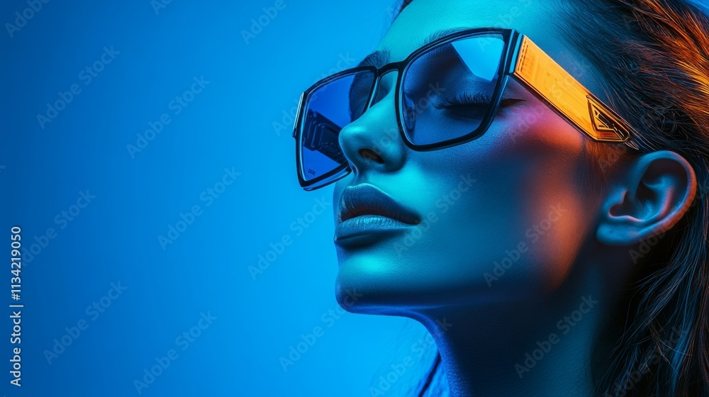 Model wearing reflective blue sunglasses under soft lighting Model wearing reflective blue sunglasses under soft lighting