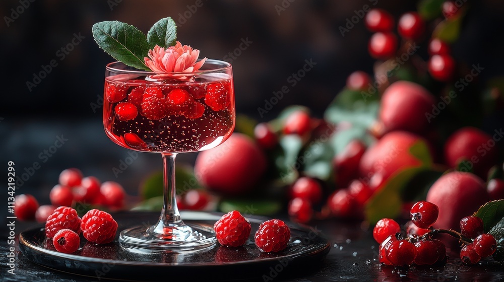 Elegant cocktail with raspberries and garnishes Elegant cocktail with raspberries and garnishes