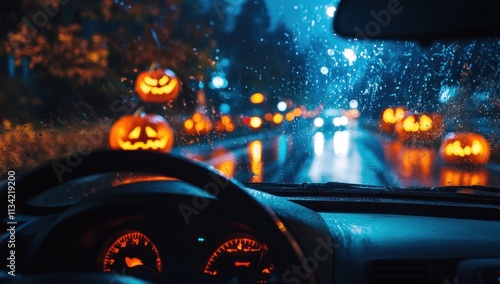 Wallpaper Mural Rainy Halloween night drive, jack-o'-lanterns visible through rain-streaked windshield. Torontodigital.ca