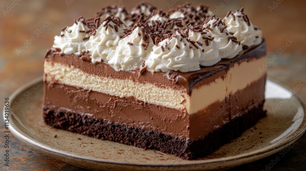 Close-up of a slice of chocolate cake with whipped cream Close-up of a slice of chocolate cake with whipped cream