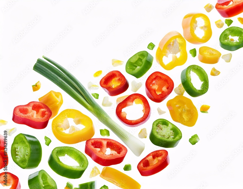 Naklejka premium Slices of red, green and yellow fresh peppers artistically arranged on a white background