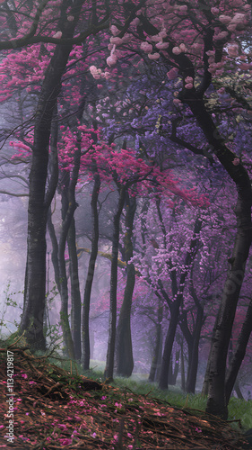 A vibrant fantasy landscape with colorful trees. Enchanted forest with vibrant pink and purple blossoms in a mystical mist.