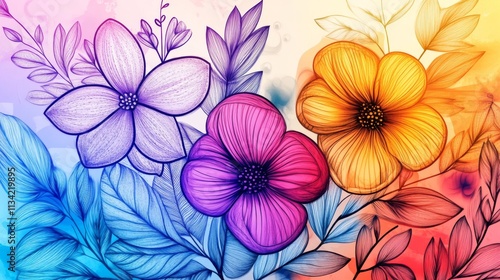 Wallpaper Mural Colorful Floral Digital Artwork with Detailed Line Illustrations Torontodigital.ca