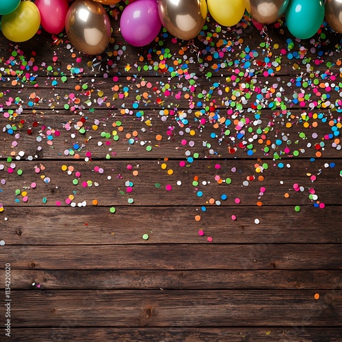 Festive carnival new year's eve celebration birthday party banner texture, greeting card - Fallen colorful multicolored confetti and balloons on rustic brown wooden table background, top view