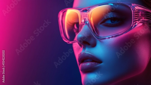 Stylish woman in futuristic pink glasses under neon lights