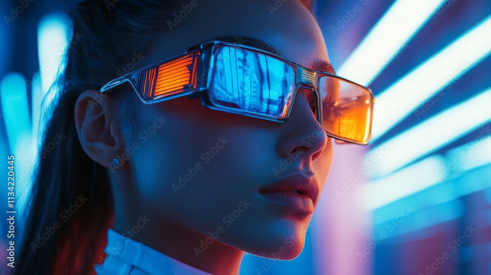 Fashionable woman in futuristic sunglasses and glowing tones Fashionable woman in futuristic sunglasses and glowing tones