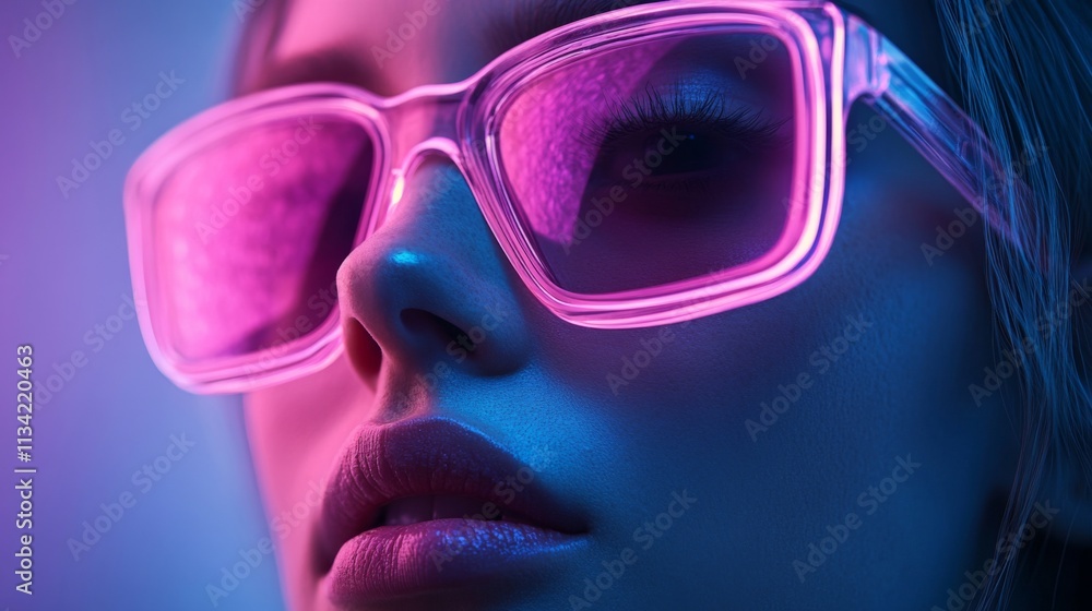 Stylish woman in neon pink sunglasses posing under vibrant light Stylish woman in neon pink sunglasses posing under vibrant light