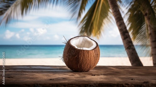 Relaxing tropical beach with a fresh coconut on wooden table under palm trees and clear blue sky