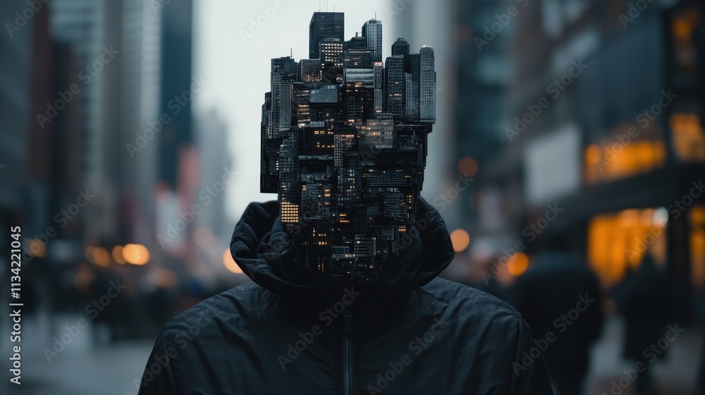 Futuristic person with city mask in urban setting. Futuristic person with city mask in urban setting.