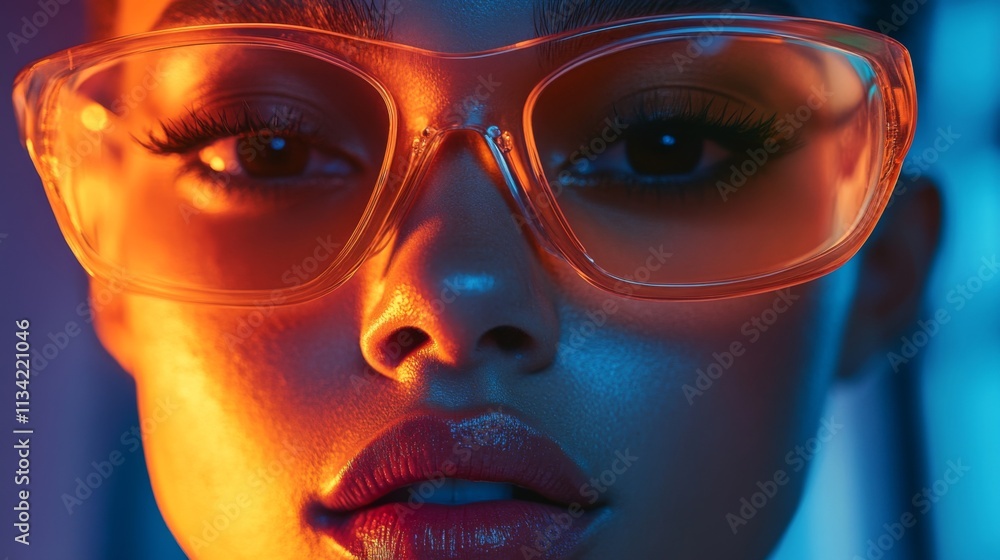 Closeup portrait of a woman with bold orange neon glasses Closeup portrait of a woman with bold orange neon glasses