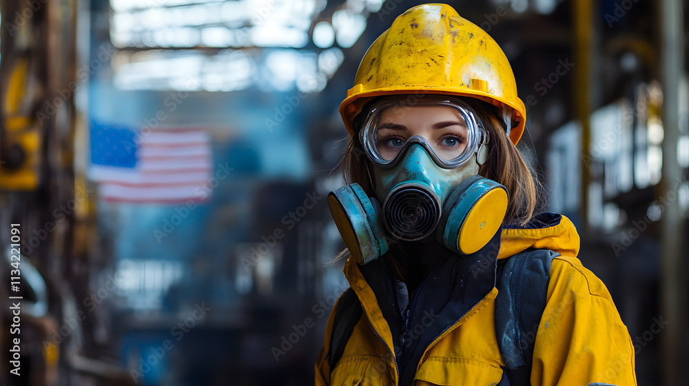 A woman adorned in a vibrant yellow helmet and protective gas mask stands confidently in a hazardous work environment. Her sturdy attire hints at the dangerous nature of her surroundings A woman adorned in a vibrant yellow helmet and protective gas mask stands confidently in a hazardous work environment. Her sturdy attire hints at the dangerous nature of her surroundings