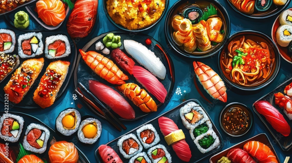 Top view with variety of traditional Japanese food in anime style. Banner, background with Asian dishes Top view with variety of traditional Japanese food in anime style. Banner, background with Asian dishes