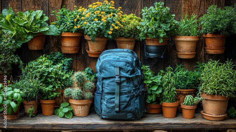Fototapeta premium Collection of potted plants and a blue backpack outdoors