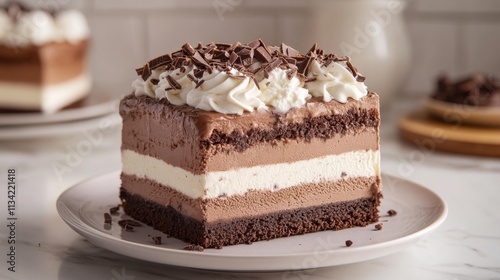 A layered chocolate cake with whipped cream and chocolate shavings on top