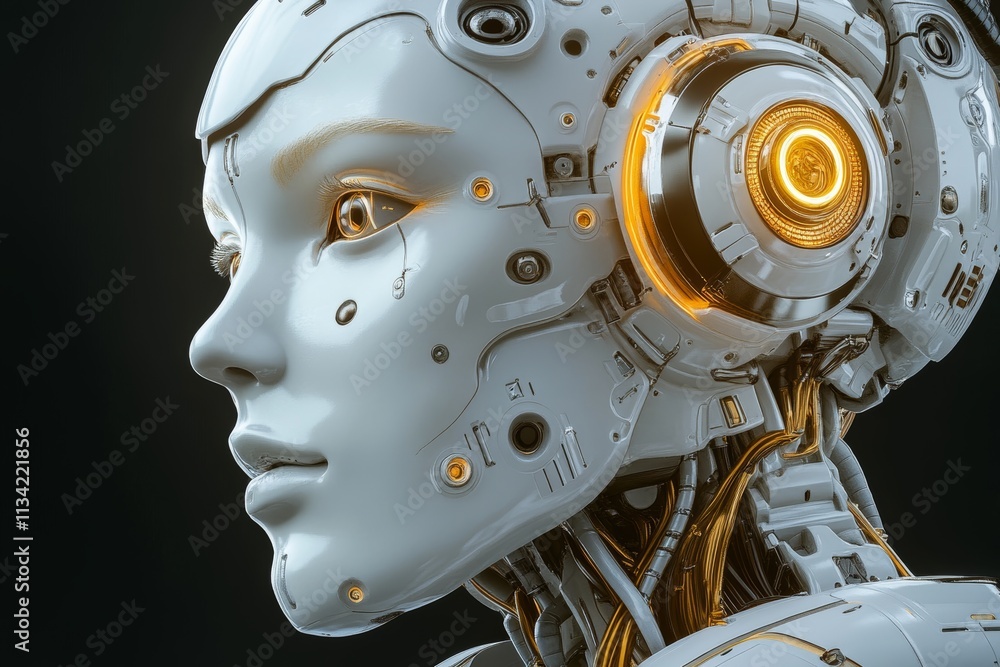 Fototapeta premium Futuristic Close-Up of a Female Android Head with Intricate Details and Glowing Elements Showcasing Advanced Robotics and Artificial Intelligence Technology