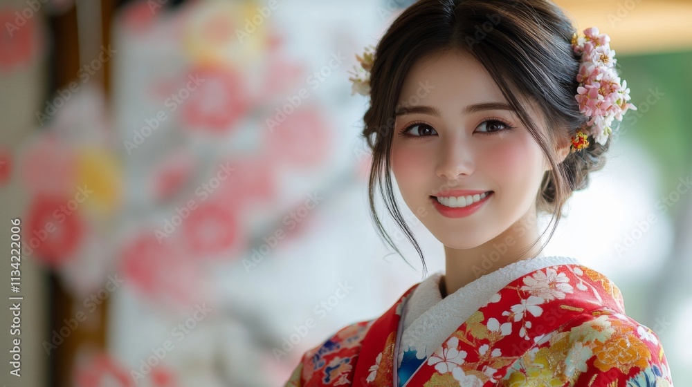 Smiling woman wearing a traditional kimono in a bright setting Smiling woman wearing a traditional kimono in a bright setting