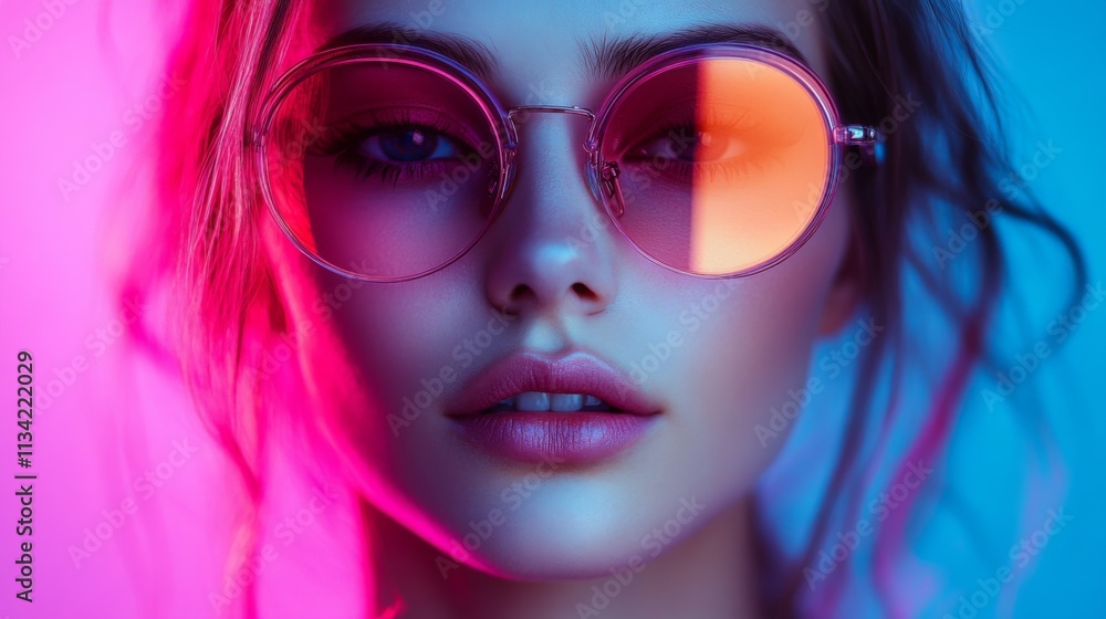 Fashionable woman posing under vibrant neon lighting Fashionable woman posing under vibrant neon lighting