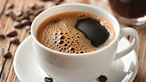 Close-up white cup of dark black coffee with beans on wood.