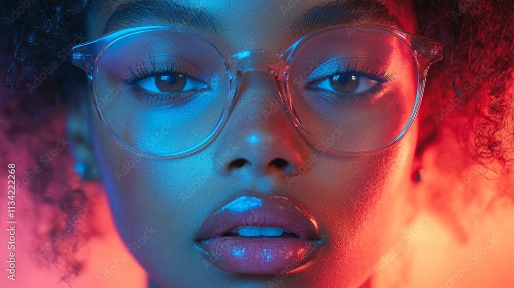 Portrait of a woman with bold glasses and glowing background Portrait of a woman with bold glasses and glowing background