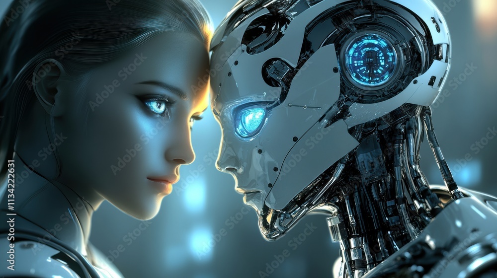 A cyberpunk robot companion with glowing eyes and intricate metallic features, standing alongside its human partner in a high-tech urban setting illuminated with neon lights A cyberpunk robot companion with glowing eyes and intricate metallic features, standing alongside its human partner in a high-tech urban setting illuminated with neon lights