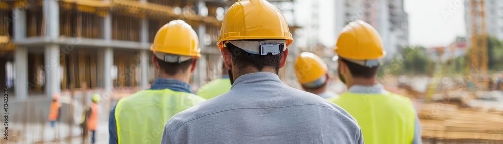 A group of construction workers in hard hats and vests observes a building site, emphasizing teamwork and safety in the construction industry. A group of construction workers in hard hats and vests observes a building site, emphasizing teamwork and safety in the construction industry.