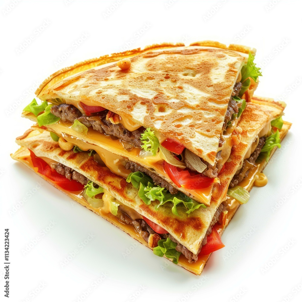 Obraz premium Stack of quesadillas overflowing with melted cheese, seasoned ground beef, and crisp lettuce and tomatoes